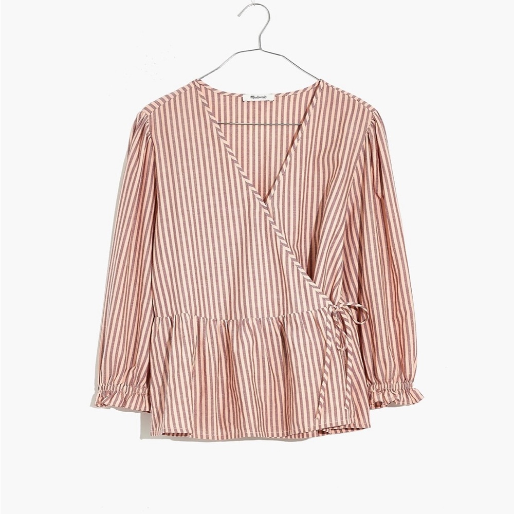 Madewell Puff-Sleeve Peplum Wrap Top in Stripe